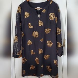 Cabi NWT Occasion Swiss Dot Dress Black & Gold, sheer long sleeves sz XS
